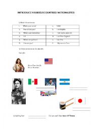 English Worksheet: Introduce Yourself/Countries and Nationalities