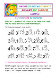 Colors, alphabet, numbers and animals for beginners - 6 exercises and 12 flashcards.