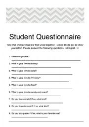 English Worksheet: Student Questionnaire