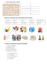 English Worksheet: months puzzle and party vocabulary
