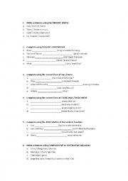 English Worksheet: PRESENT SIMPLE, PRESENT CONTINUOUS, PAST SIMPLE AND COMPARATIVE AND SUPERLATIVE ADJECTIVES