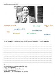 English Worksheet: Harvey Milks Biography (using prompts) + KEY