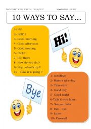 English Worksheet: 10 ways to say HI and BYE 