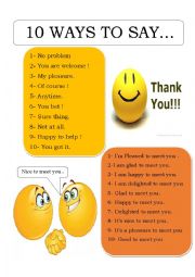 English Worksheet: 10 WAYS TO SAY THANK YOU AND NICE TO MEET YOY