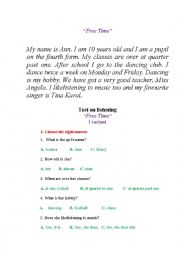 English Worksheet: Free time  text and tests