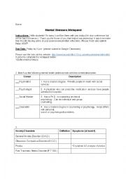 English Worksheet: Mental Health and Mental Illnesses Webquest