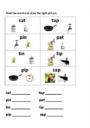 English Worksheet: PHONICS- S,A, T, P, I. N