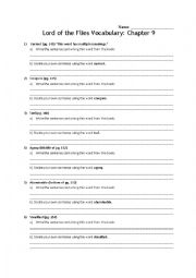 Lord of the Flies: Chapter 9 Vocabulary Worksheet
