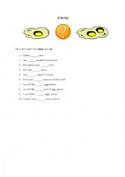 English Worksheet: Articles - a, an, some