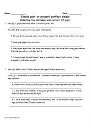 English Worksheet: past simple and present perfect exercise - find the mistakes