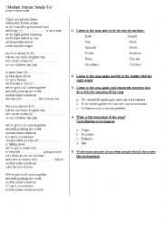 English Worksheet: environmental song 