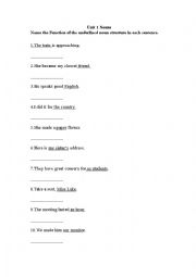 English Worksheet: The Function of Nouns in a Sentence