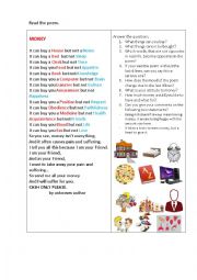 English Worksheet: MONEY  (a poem) + questions to discuss
