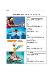 English Worksheet: ESL Sports theme + verbs Can + like