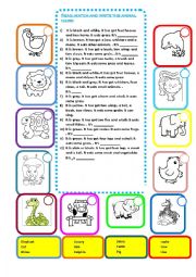English Worksheet: ANIMAL DESCRIPTION BODY PARTS READ, MATCH AND WRITE THEIR NAME