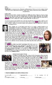 English Worksheet: Angelina Jolie + Present Perfect and Past Simple + modals of obligation and lack of obligation + word building + adjectives