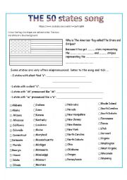 English Worksheet: 50 states of the USA song (pronunciation)