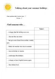 English Worksheet: Talking about your summer holidays_Find so. who