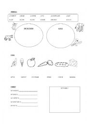English Worksheet: Revision of animals, food and family