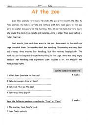 English Worksheet: At the zoo, a reading comprehension passage