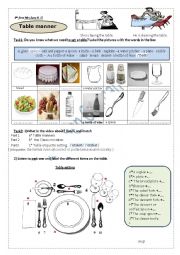 English Worksheet:  a video and a worksheet about table manners   and table etiquette setting