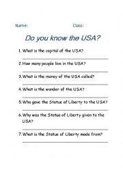 English Worksheet: USA Unit Quiz