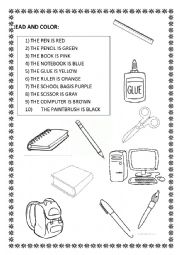English Worksheet: SCHOOL OBJECTS AND COLORS