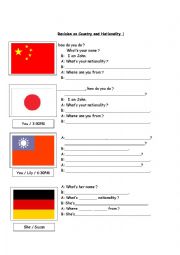 English Worksheet: Revision on Country and Nationality 1