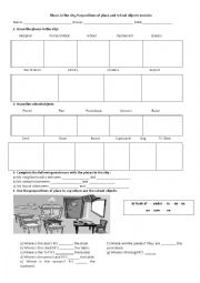 English Worksheet: Prepostions of place, school objects and places in the city