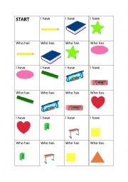 English Worksheet: I have - who has school things and shapes