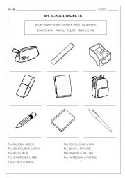 English Worksheet: SCHOOL OBJECTS COLORING PAGE
