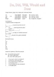 English Worksheet: Do, Did, Will, Would and Does - Grammar exercises