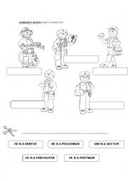 English Worksheet: Community Helpers. Read, cut and stick