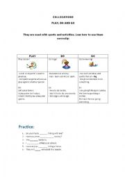 English Worksheet: Collocations Play, Do and Go