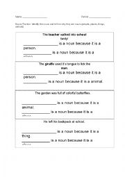 English Worksheet: Nouns- Justifying why a word is a noun