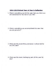 English Worksheet: End of Year ESL Class Reflection