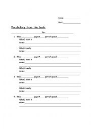 English Worksheet: Book Vocabulary Note Chart