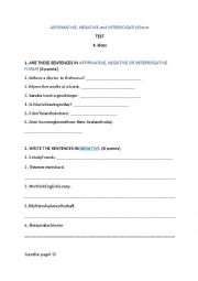 English Worksheet: Affirmative, negative, interrogative worksheet/test