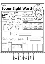 English Worksheet: sight words: here practice