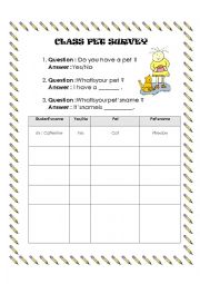Class pet survey - ESL worksheet by cathlahaye