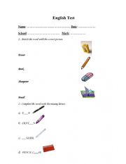English Worksheet:  classroom objects test