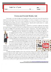English Worksheet: Test - Teenagers and Social Media Ads