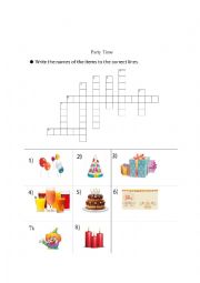 English Worksheet: Party Time Crossword