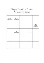 English Worksheet: Simple Present / Present Continuous Bingo