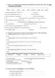 English Worksheet: general revision test 1: will or going to, wish clauses, simple past or past perfect