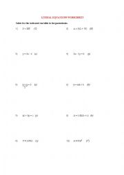 Literal Equations Worksheet