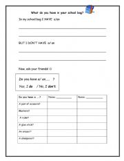 English Worksheet: School objects WRITING and SPEAKING ACTIVITES