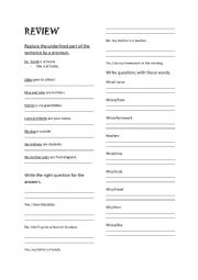 English Worksheet: Review- wh questions- pronouns - yes/no questions
