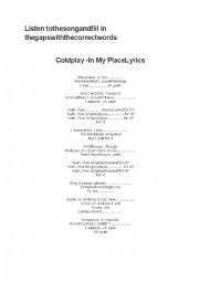 English Worksheet: coldplay- in my place