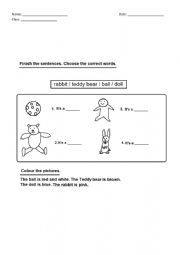 English Worksheet: Finish the sentences. Colour the pictures.